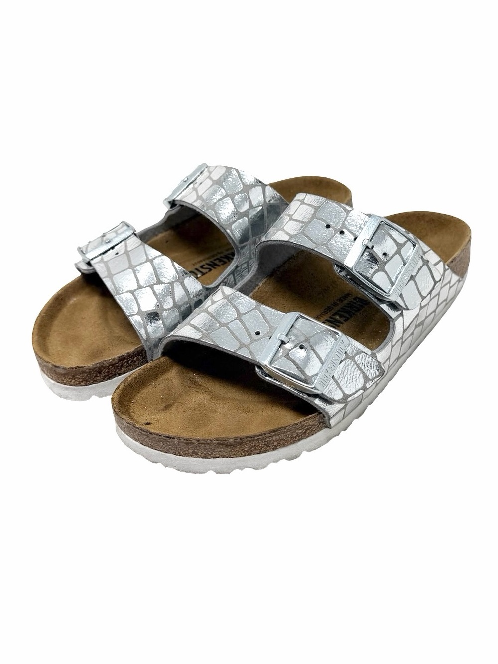 Birkenstock Arizona Gator Gleam Sandals Size EU 38 Metallic Silver Croc Embossed